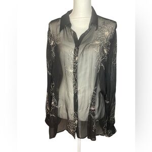 Ice Sheer Black Floral Embroidered Beaded Button-Up Blouse Large